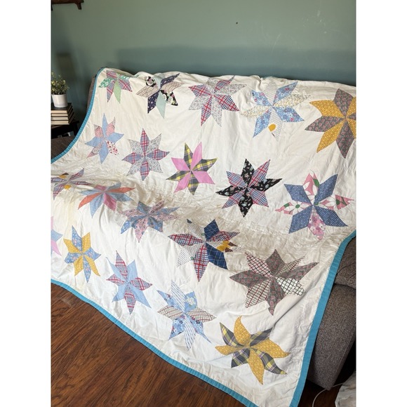 Vintage Hand-Stitched Lemoyne Star Summer Quilt Coverlet 8 Point  73" X 67" - Picture 6 of 16